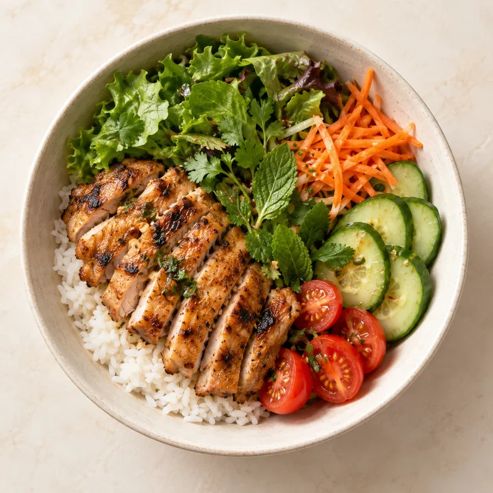 A bowl of rice, grilled chicken, cucumber, tomatoes and greens illustrating a food photo log